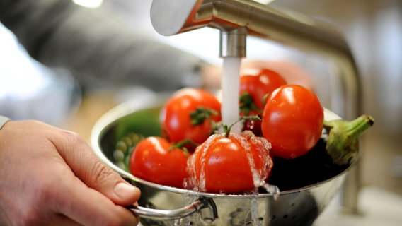 Tomaten in einem Sieb werden unter einem Wasserhahn abgebraust. © Picture Alliance Foto: picture-alliance / Frank May | Frank May