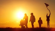 Zwei Erwachsene und zwei Kinder auf einer Wiese als Schattenrisse im Gegenlicht. Drittes Kind wird im Kinderwagen geschoben. Eins der Kinder versucht Schweif eines Papierdrachens zu fangen. © picture-alliance/photothek | Ute Grabowsky 