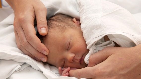 Zwei Hände umfassen einen schlafenden Säugling. © fotolia Foto: Herrndorff