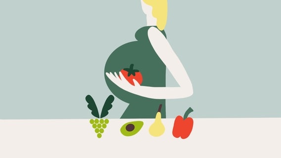 Illustration einer Schwangeren, die eine Tomate in der Hand hält. © NDR / Rosanna Staus Foto: Rosanna Staus