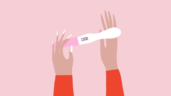 Illustration von zwei Händen, die einen Schwangerschaftstest hochhalten. © NDR / Rosanna Staus Foto: Rosanna Staus