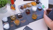 Xylit, Stevia, Agaven-Dicksaft, Dattelsirup, Kokosblütenzzucker, Honig, Erythrit, Ahornsirup und Reissirup stehen in Schälchen auf einem Tisch. © NDR 