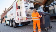 Mitarbeiter der Stadtreinigung Hamburg leeren eine Mülltonne in den elektrobetriebener Müllwagen. © dpa/Picture Alliance Foto: Daniel Bockwoldt