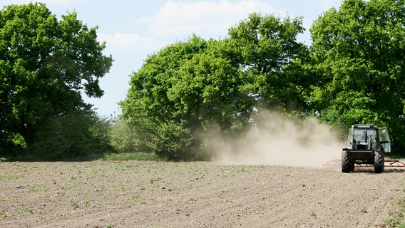 Ein Trecker pflügt einen trockenen Acker und hinterlässt eine Staubwolke. © NDR Foto: Anja Deuble