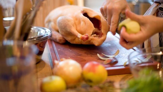 Eine Köchin schält Äpfel für die Füllung eines Gänsebratens. © NDR Foto: Claudia Timmann