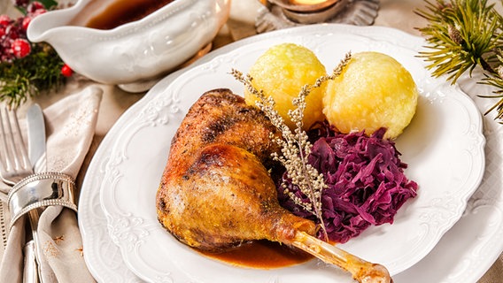 Gänsekeule mit Klößen und Rotkohl auf einem Teller serviert. © Panthermedia Foto: alexraths