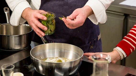 Ein Koch würzt eine Soße mit Lorbeerblättern. © NDR Foto: Claudia Timmann