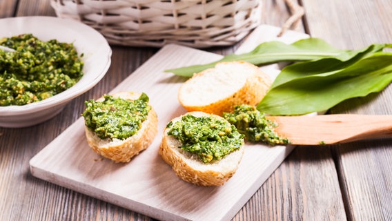 Geschnitten Brotscheiben mit Bärlauch-Pesto, im Hintergrund einige Blätter Bärlauch. © Colourbox Foto: -