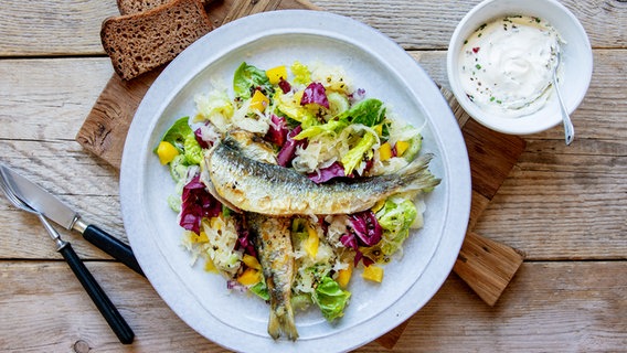 A plate of sauerkraut salad with two fried herrings on it.  © ZS-Verlag Photo: Claudia Timmann