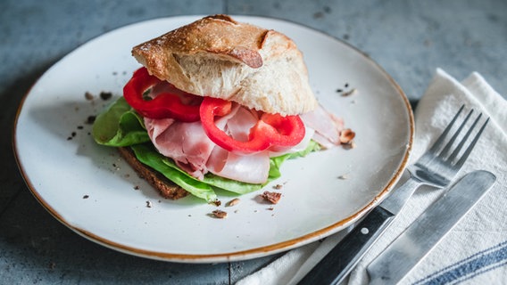 Eine Stulle mit Schinken, Salat und Paprika liegt auf einem Teller. © NDR Foto: Dörte Haupt