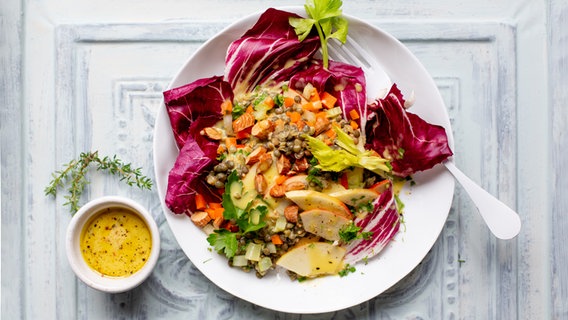 Ein Teller mit einem Linsen-Apfel-Salat und Radicchio. © ZS-Verlag Foto: Claudia Timmann