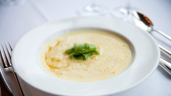 Paprika-Rhabarber-Suppe auf einem Teller serviert © NDR Foto: Claudia Timmann