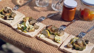 Dreierlei Zucchini auf kleinen Keramikplatten serviert. © NDR/doclights Foto: Marc Vorwerk
