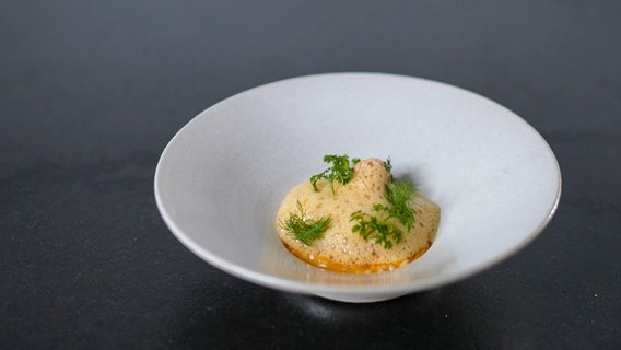 Risotto with red shrimp and crustacean foam served on a plate.  © Joshua Stolz / solisTV 
