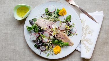 Sprossensalat mit Räucherforellenfilet und Radieschen auf einem Teller © NDR Foto: Claudia Timmann