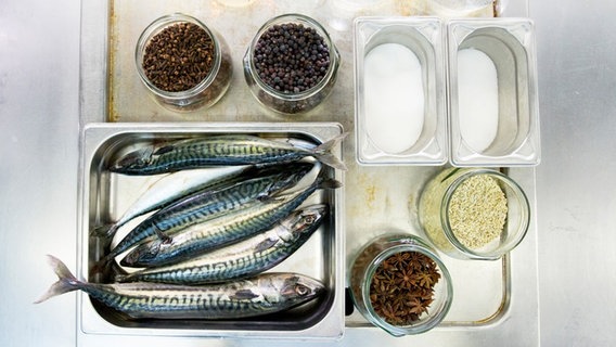 Blick auf ein Tablett mit frischen Makrelen und verschiedenen Gewürzen zum Einlegen. © NDR Foto: Claudia Timmann