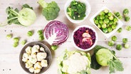 Verschiedene Kohlsorten wie Brokkoli, Kohlrabi oder Rotkohl liegen auf einem Holztisch. © imago images / Panthermedia Foto: foodandmore