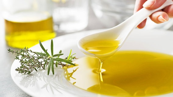 Ein Teller und ein Löffel mit Olivenöl, daneben einige frische Kräuter. © imago images / Panthermedia Foto: zidi
