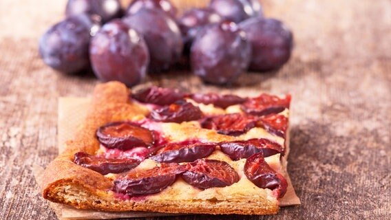 Ein Stück Zwetschgenkuchen liegt auf einen Holztisch, im Hintergrund einzelne Zwetschgen. Ein Stück Zwetschgenkuchen liegt auf einen Holztisch, im Hintergrund einzelne Zwetschgen. © imago images Foto: CHROMORANGE