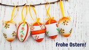 Ostereier hängen an einen Zweig an einer weißen Wand, daneben steht Frohe Ostern. © Colourbox Foto: -