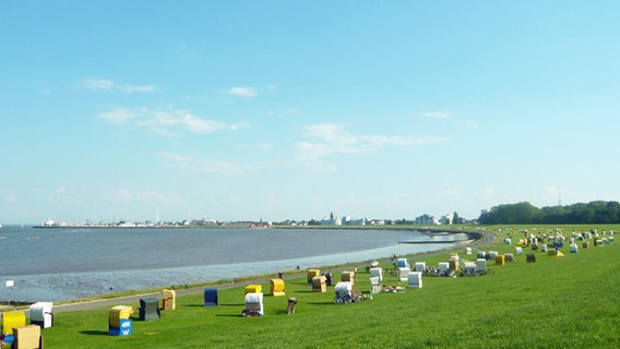Blick auf den Grünstrand und die Nordsee in der Grimmershörner Bucht in Cuxhaven. © Dirk Hempel 