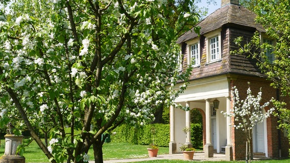 Klostergarten von Schloss Clemenswerth mit blühendem Obstbaum. © Emslandmuseum Schloss Clemenswerth 