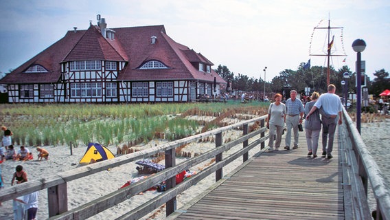 Urlauber am Strand und auf der Seebrücke von Zingst, im Hintergrund das Kurhaus. © imago images / Jahnke 