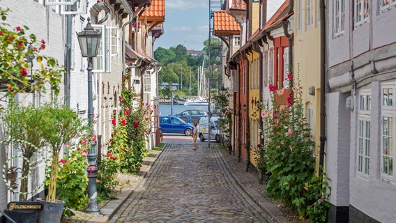 Rumah-rumah tua yang indah di Oluf-Samson-Gang di Flensburg.  © TAFF / Benjamin Nolte 