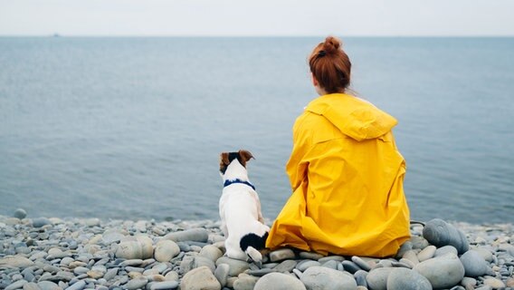 Eine Frau sitzt neben Ihrem Hund am steinigen Ufer und blickt auf ein weites Gewässer. © COLOURBOX Foto: Kkolosov