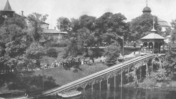 Historische Ansicht von der Wasser-Rutschbahn auf der Allgemeinen Gartenbau-Ausstellung in Hamburg 1897 © Gartendenkmalpflege Hamburg 