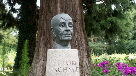 Eine Büste von Loki Schmidt des Künstlers Manfred Silhe-Wissel steht am Eingang des Gartens.  Foto: Anja Deuble