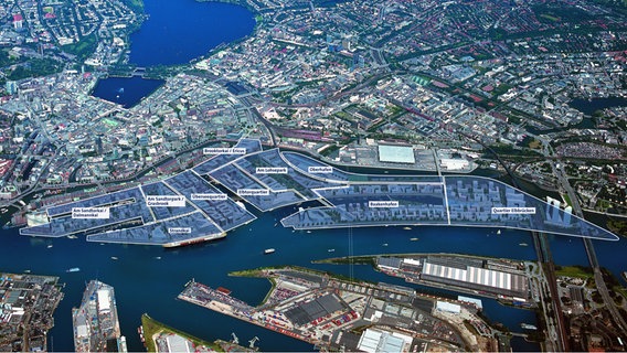 Luftbild der Hafencity mit eingezeichneten Quartieren © Michael Korol / Hafen City Hamburg GmbH 