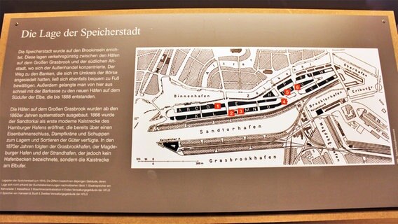 Eine Tafel im Hamburger Speicherstadtmuseum erklärt die Lage der Speicherstadt © NDR Foto: Irene Altenmüller