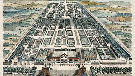 Die Herrenhäuser Gärten in Hannover auf einem Druck aus dem Jahr 1745 © Landeshauptstadt Hannover 