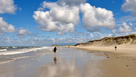 Eine Spaziergängerin am Strand von Borkum. © Picture-Alliance / Michael Narten 