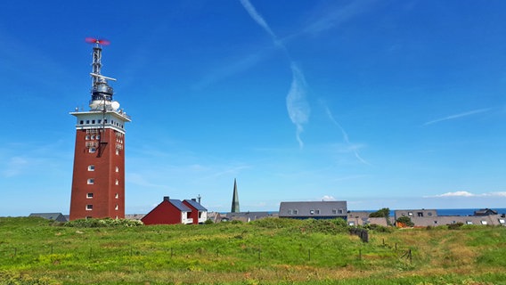 Der historische Leuchtturm der Insel Helgoland, daneben die Dächer einiger Häuser. © NDR Foto: Oliver Klebb