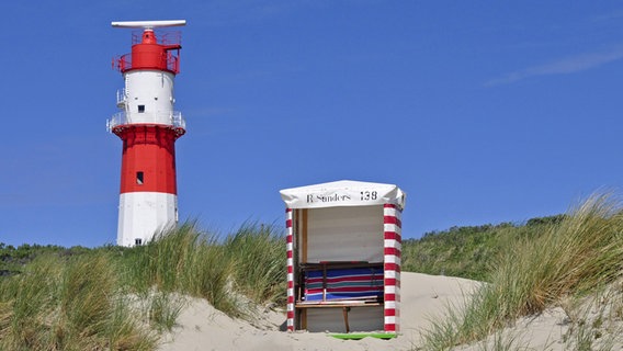 Ein Strandkorb vor dem elektrischen Leuchtturm auf der Insel Borkum. © imago/McPHOTO 