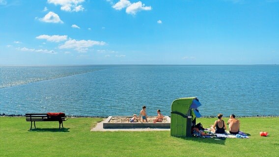 Menschen sitzen am Grünstrand der Insel Pellworm in der Sonne. © Kur- und Tourismusservice Pellworm 