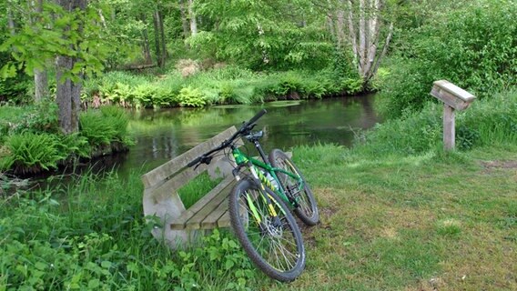 Eine Bank und ein Fahrrad am Flussufer  