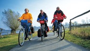 Drei Radfahrer auf einem Radweg in der Mecklenburgischen Seenplatte. © Tourismusverband Mecklenburg-Vorpommern Foto: Werk 3 - Agentur für Werbung und PR Werk 3