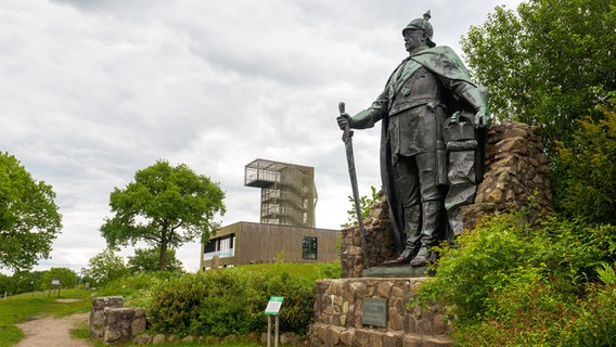 Ein Denkmal von Bismarck steht vor einem Gebäude und einem hölzernen Aussichtsturm. © NDR Foto: Anja Deuble