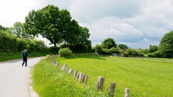 Eine Frau wandert auf einer kleinen Straße durch eine grüne hügelige Landschaft, im Hintergrund ziehen Wolken auf. © NDR Foto: Anja Deuble