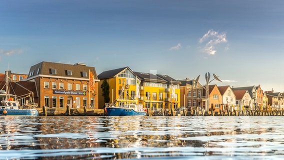 Blick auf den Husumer Hafen mit Gebäuden und Schiffen. © Tourismus und Stadtmarketing Husum GmbH 