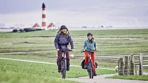 Zwei Radfahrer fahren durch Salzwiesen bei Westerhever, im Hintergrund der Leuchtturm. © imago images Foto: Westend61