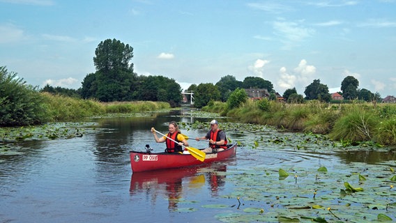 Eine Frau und ein Mann in einem Kanu auf einem Kanal mit Seerosen in Ostfriesland. © NDR Foto: Florian Kruck