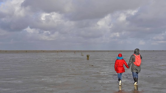 Eine Mutter wandert mit ihrer Tochter durch das Watt an der niedersächsischen Nordseeküste. © imago images Foto: Westend61