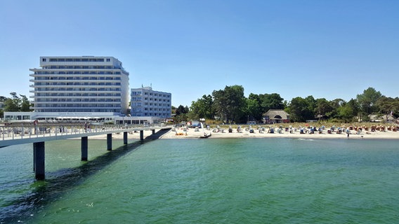 Blick von der Seeschlösschen-Brücke auf die Promenade und den Strand in Timmendorfer Strand. © NDR Foto: Kathrin Weber