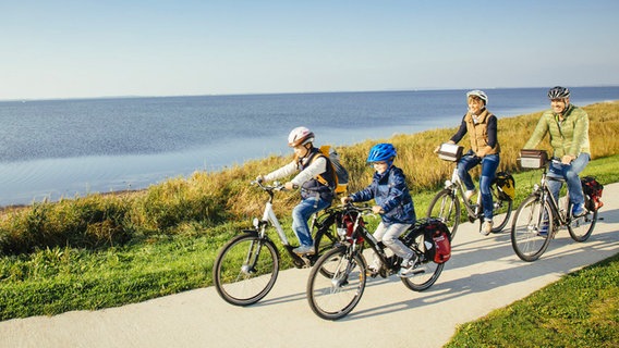 Eine Familie fährt mit dem Rad auf Rügen auf der Halbinsel an der Küste entlang. © Tourismusverband MV 