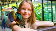 Ein kleiner Tukan sitzt auf dem Arm eines Mädchens im Vogelpark Walsrode © Weltvogelpark Walsrode 