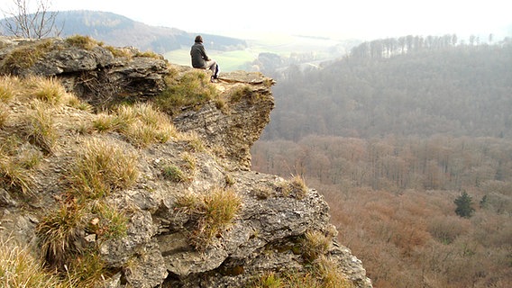 Ein Wanderer sitzt auf einer Klippe am Hohenstein im Süntel und schaut ins Tal. © NDR Foto: Axel Franz